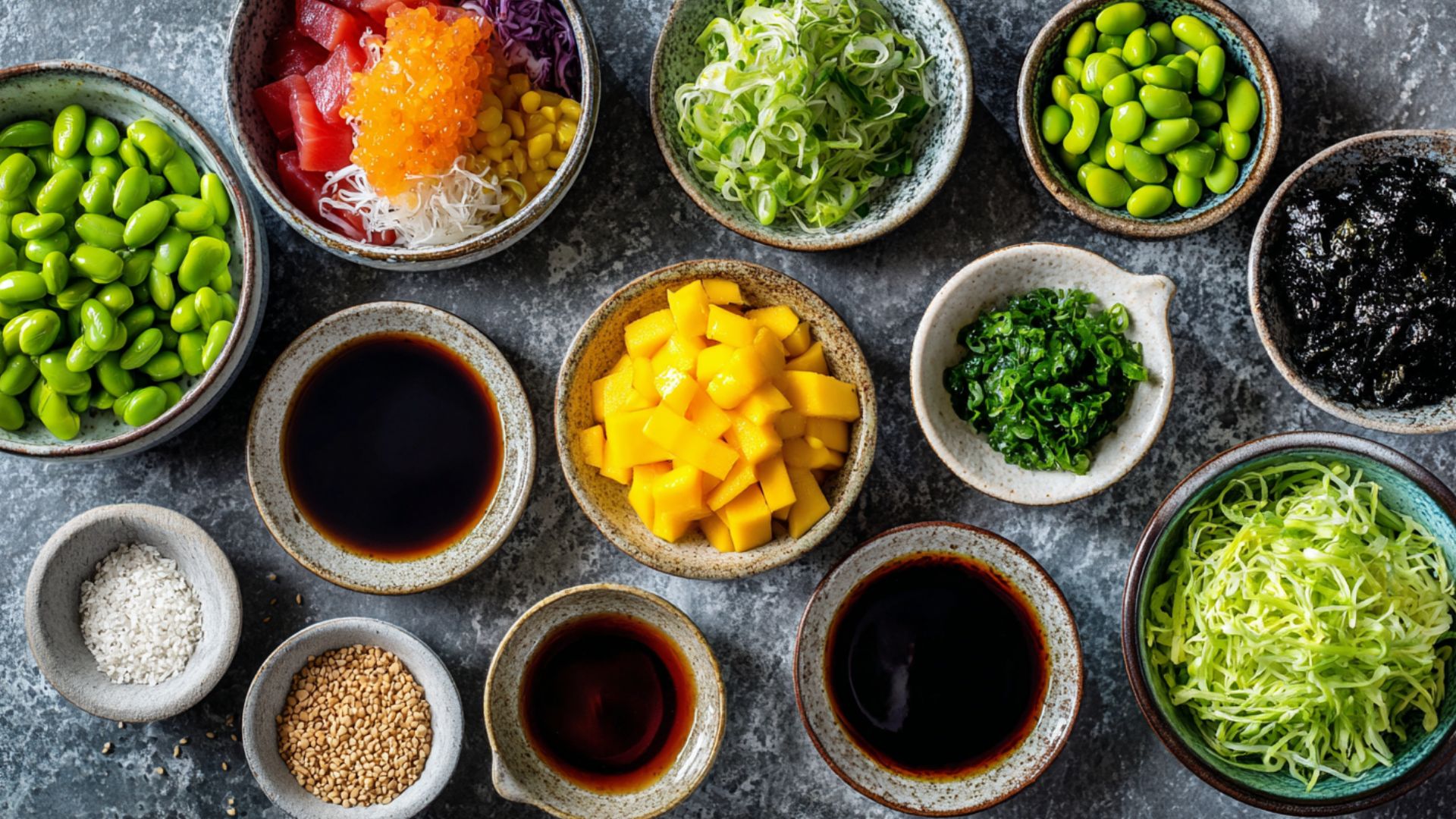 sauces and toppings in poke bowl