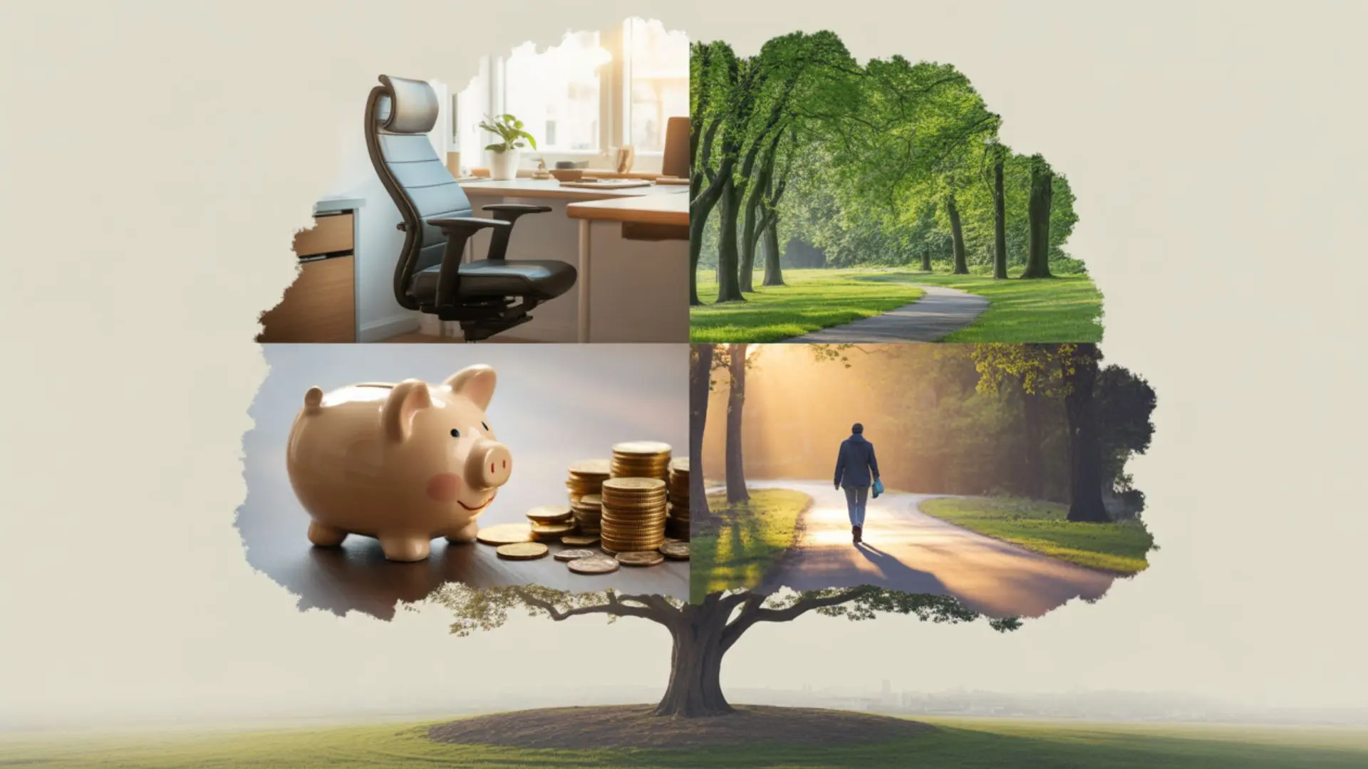 tree collage showing work, nature, money, and personal growth as connected dimensions influencing overall wellness and health