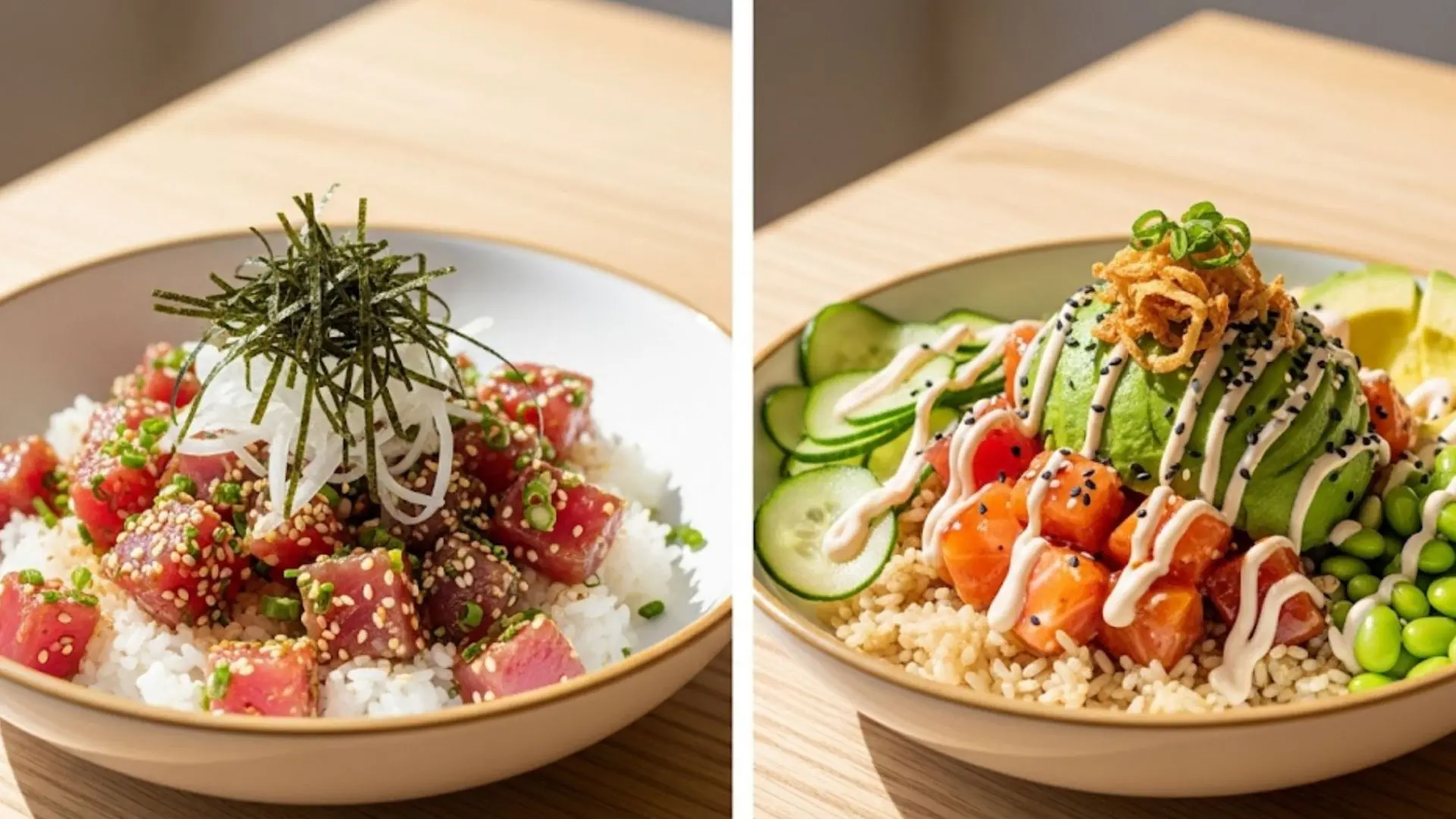 two poke bowl styles showing a traditional tuna bowl and a modern bowl with salmon, avocado, and spicy sauce