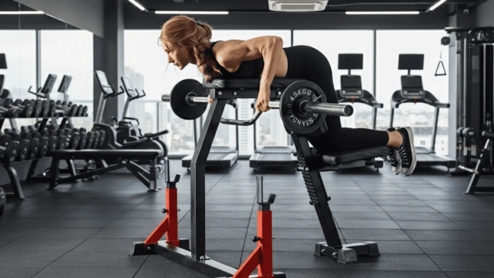 woman performing a seal row on a raised bench, pulling a barbell toward her chest