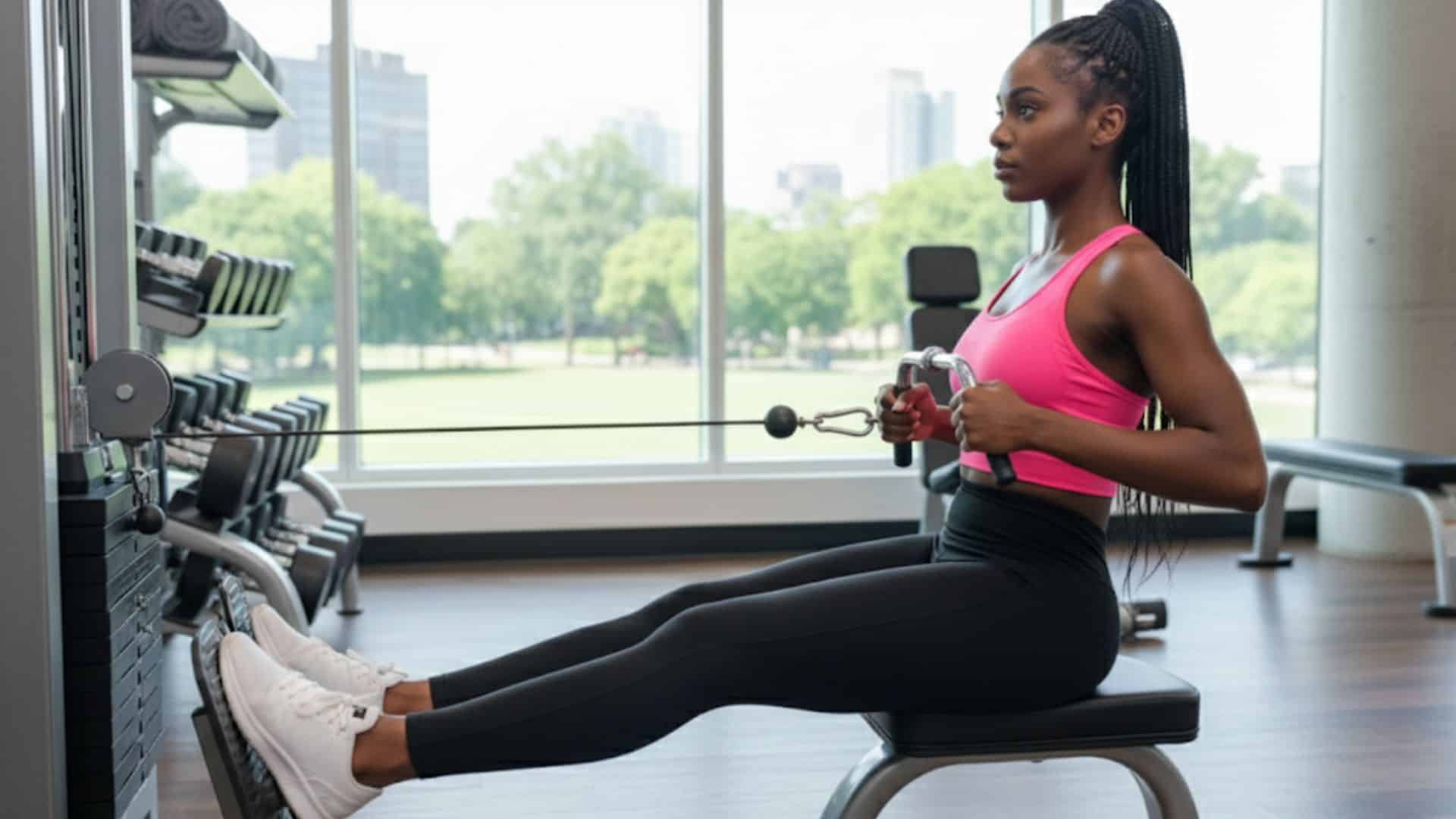 woman performing a seated cable row, pulling the handle toward her torso with legs extended