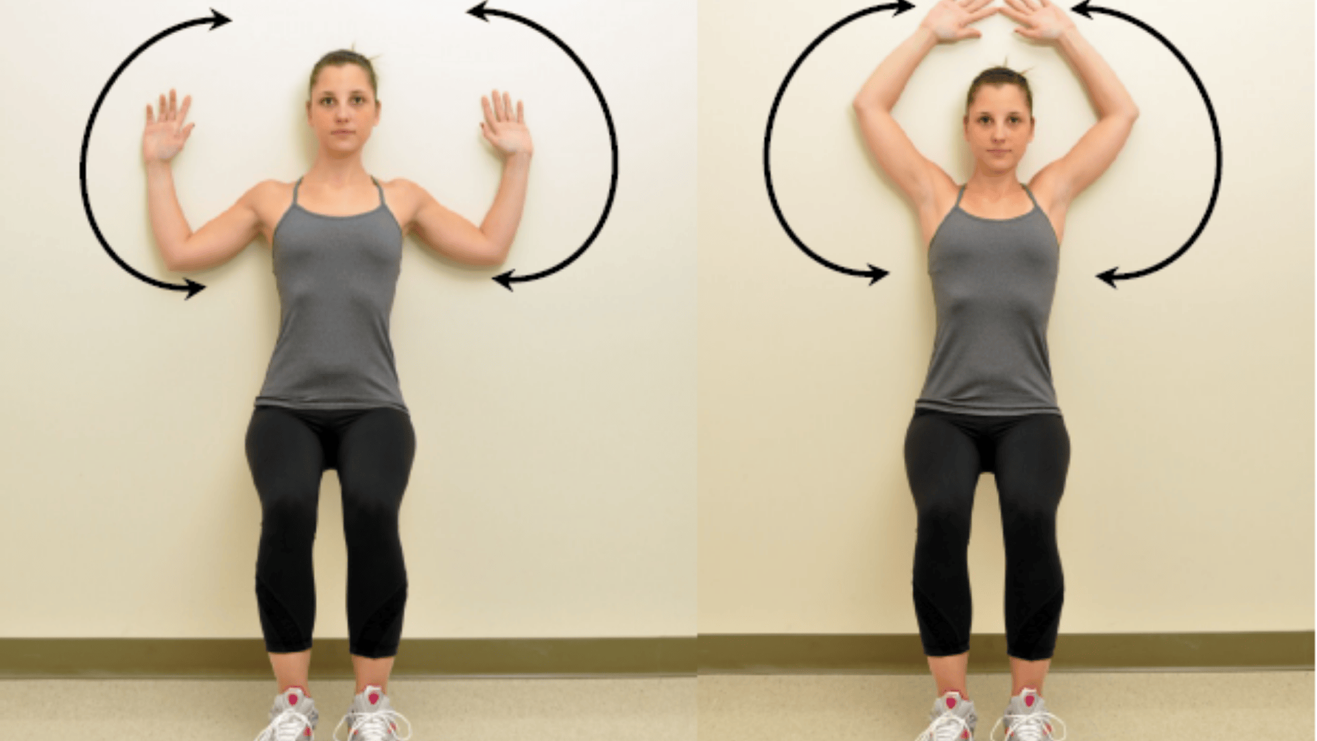 woman seated against a wall demonstrating wall angels with arms raised and moving in a controlled arc