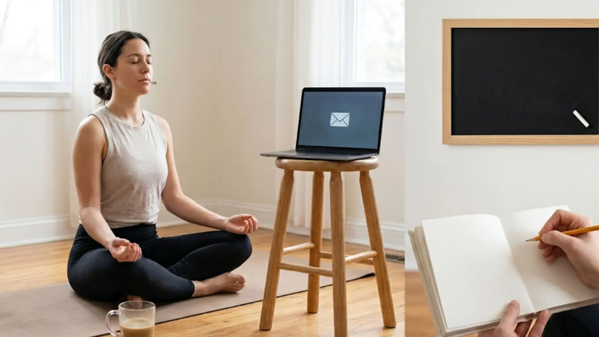 woman sits in meditation on a mat near a laptop, while a split view shows hands holding an open, blank journal