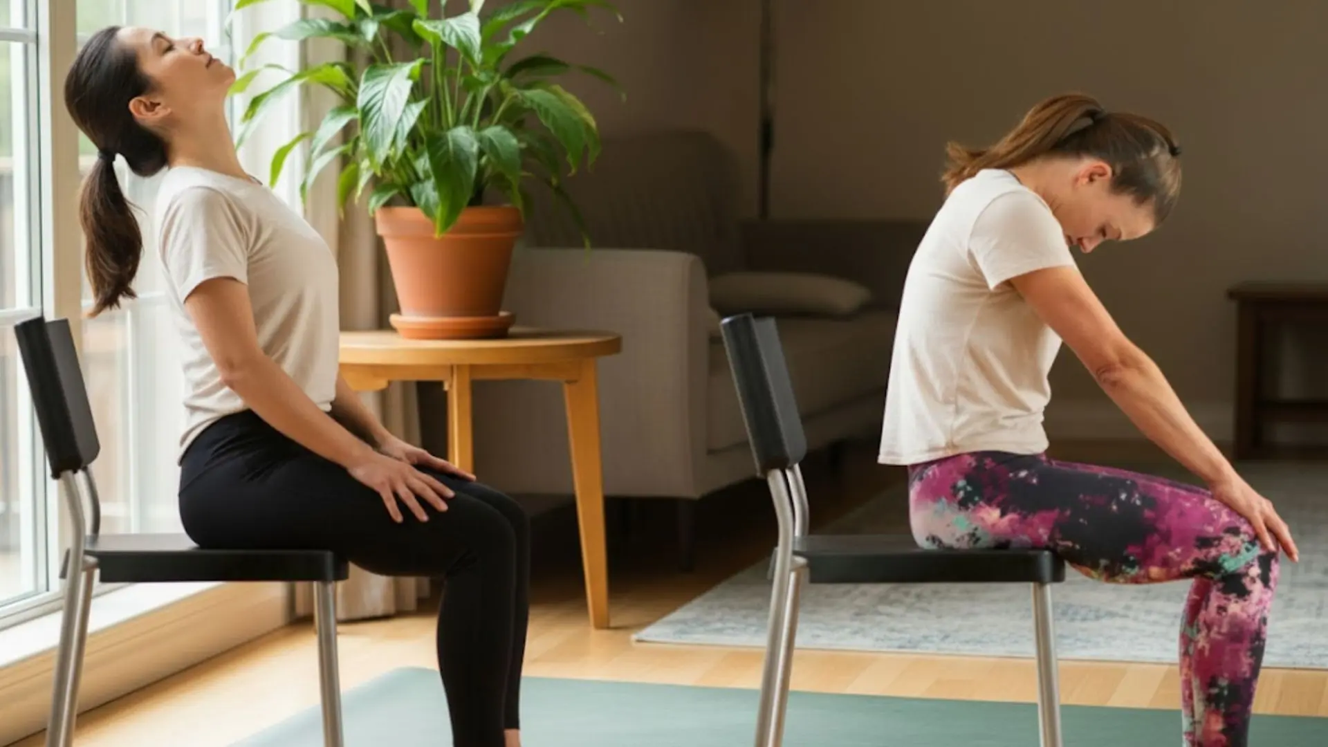 woman sitting tall on a wooden chair in seated mountain pose, practicing posture and breath awareness in a bright room