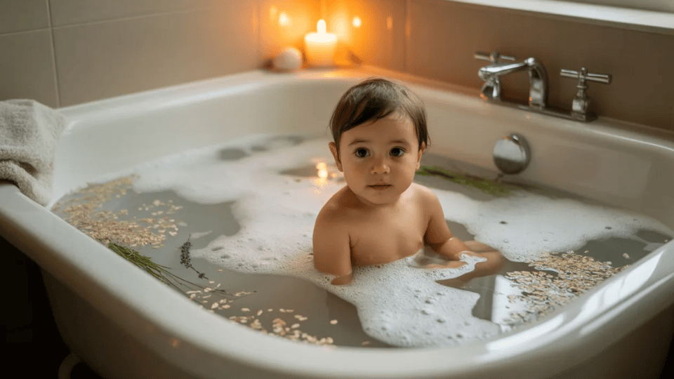 A baby sits in a bubbly bathtub with lavender and oats, warm candlelight glowing in a cozy bathroom setting