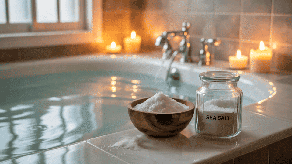 A calming bath setup with a wooden bowl of baking soda, sea salt jars, and soft candles, creating a relaxing atmosphere