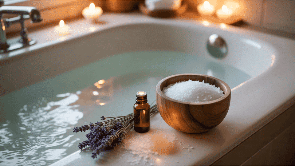 A peaceful detox bath setup with Epsom salt, lavender essential oil, and candles, creating a calming atmosphere for relaxation