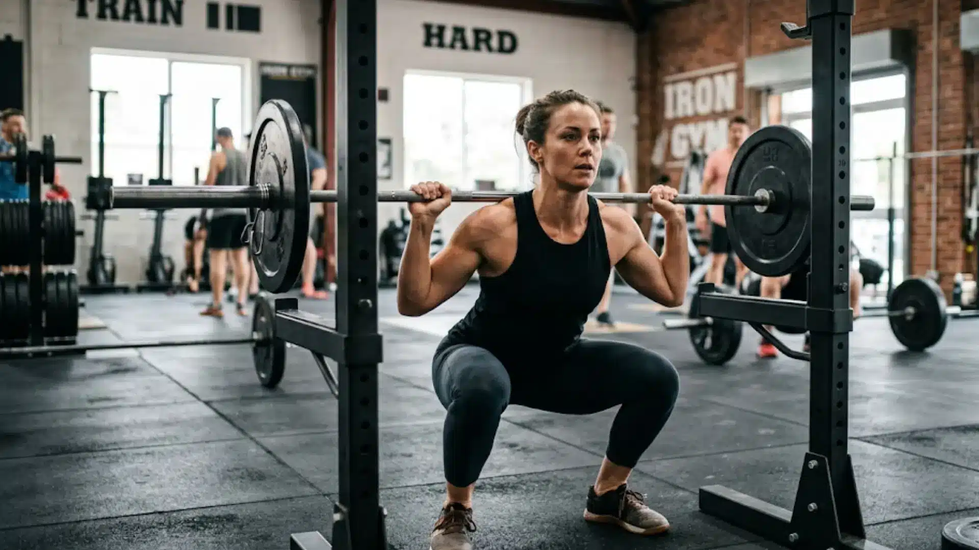 athletic woman with defined muscle tone performs a deep barbell squat inside a spacious, industrial-style gym environment