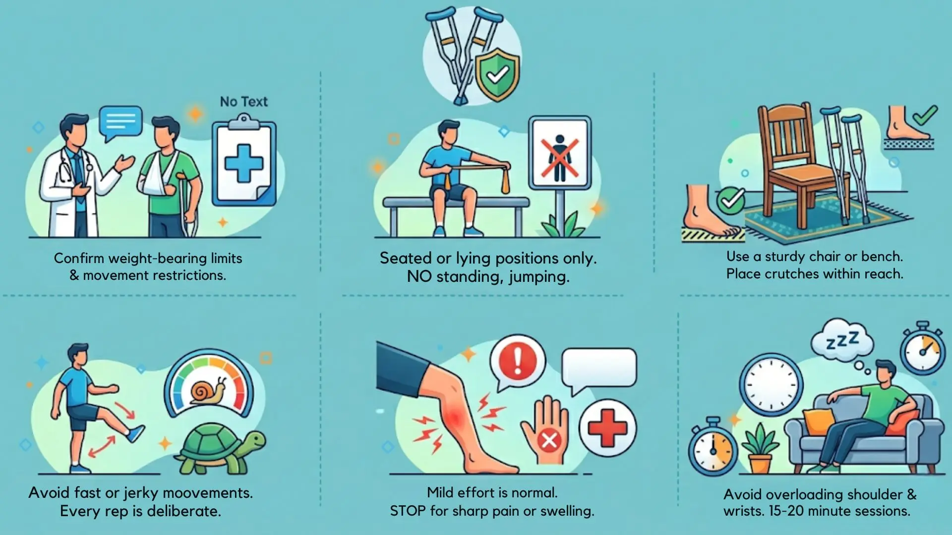 crutches workout safety infographic showing medical clearance, seated exercises, stable support, slow movement, pain warnings, and short sessions