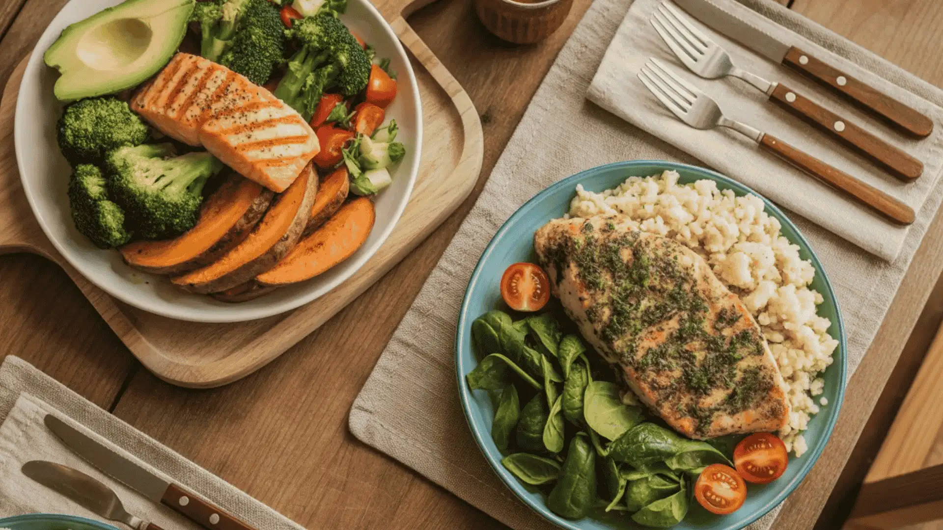 grilled salmon meals with rice and veggies beside paleo-style salmon with broccoli, avocado, and sweet potato on wooden table