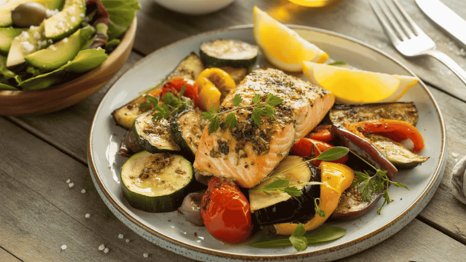 herb crusted salmon with grilled vegetables showing a balanced mediterranean and paleo diet meal on a wooden table