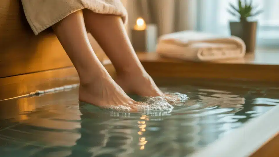 person soaking feet in a warm ionic foot detox bath in a calm spa setting with soft lighting