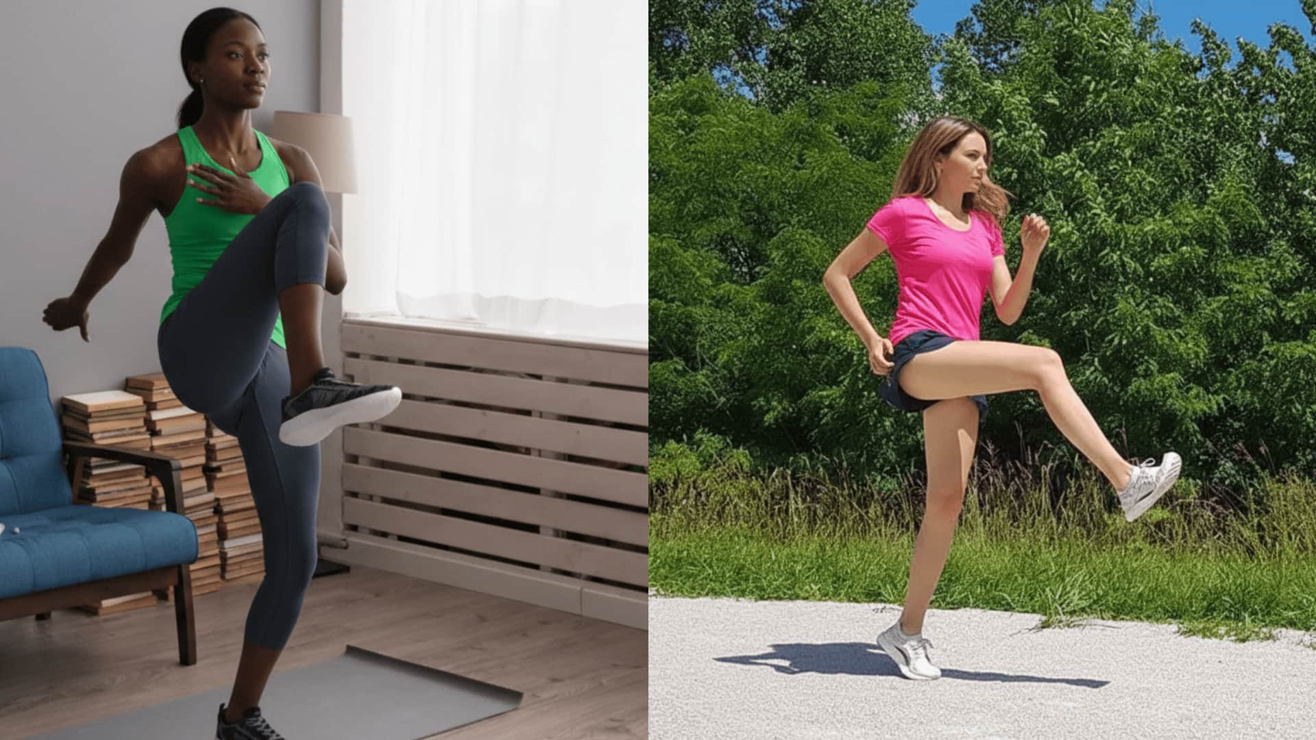 two women demonstrating a skip and b skip drills, one indoors on mat and one outdoors on running path