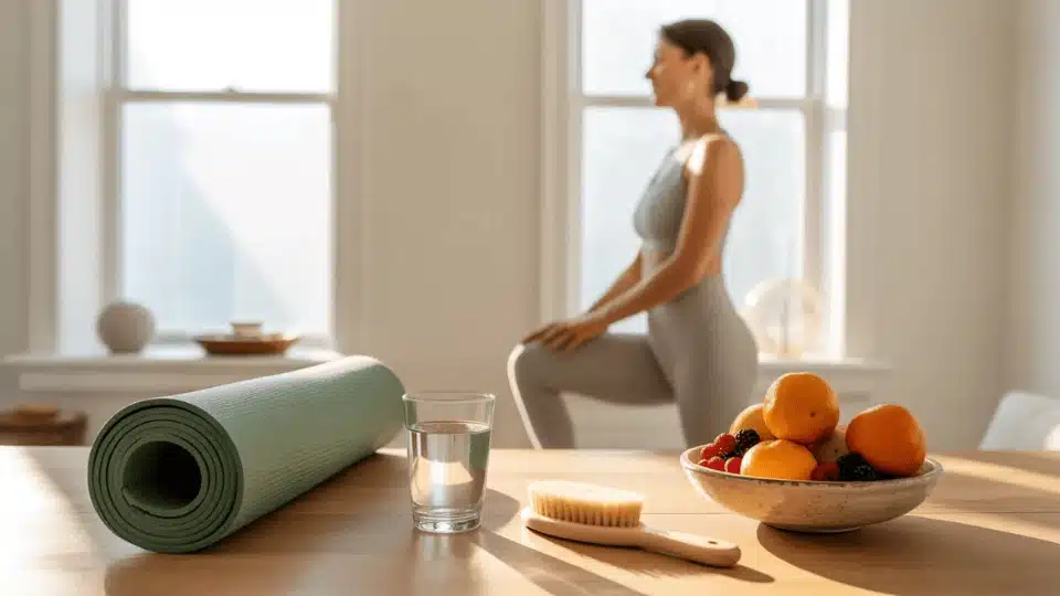 wellness scene with water yoga mat fresh foods and dry brush showing natural daily habits that support lymphatic detox