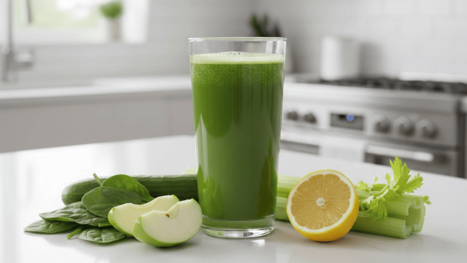 Tall glass of green juice with spinach, apple slices, cucumber, celery, and lemon on a bright kitchen counter