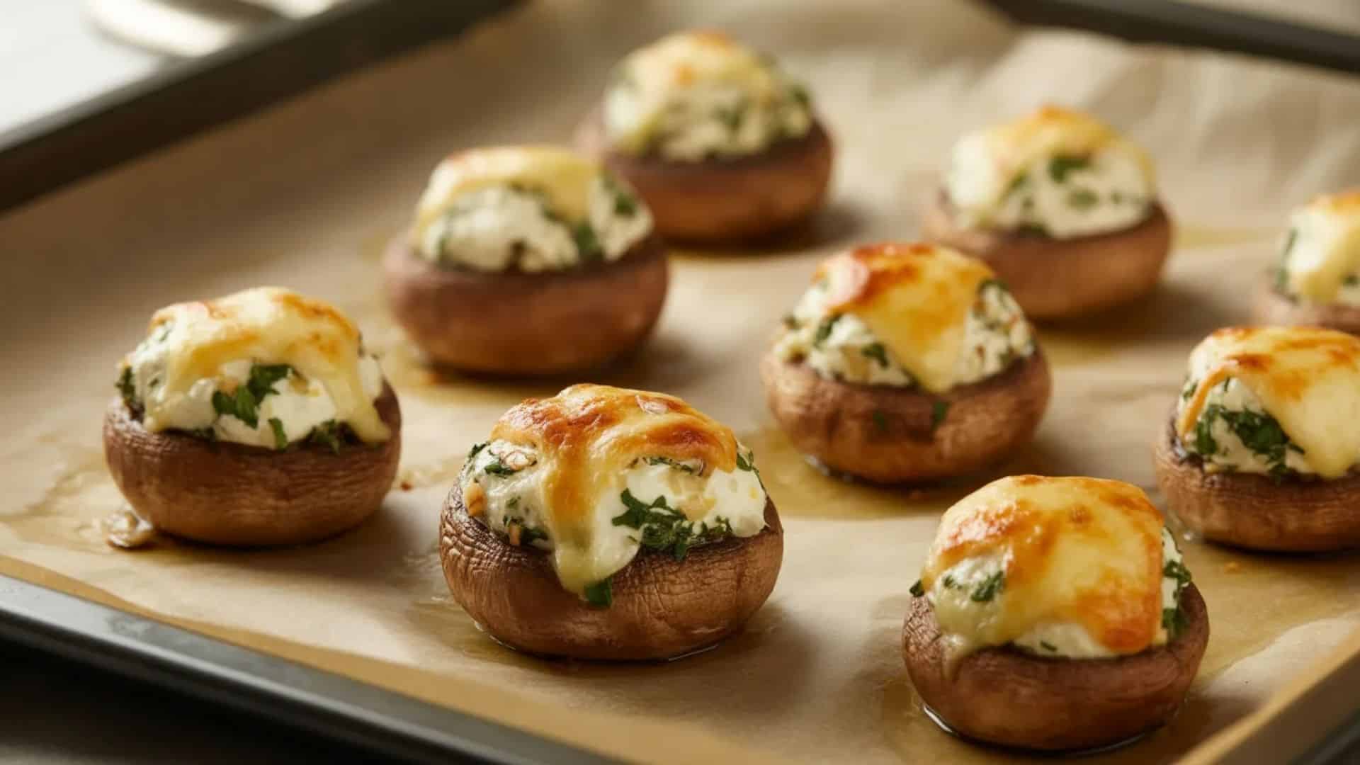 baked stuffed mushrooms filled with cream cheese and herbs, topped with melted mozzarella on a parchment lined baking tray