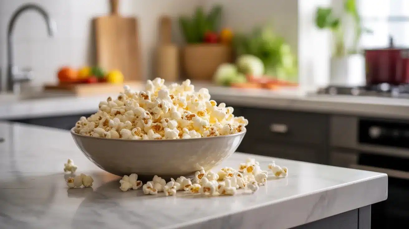 bowl of freshly popped popcorn on marble kitchen counter with modern kitchen background and scattered kernels
