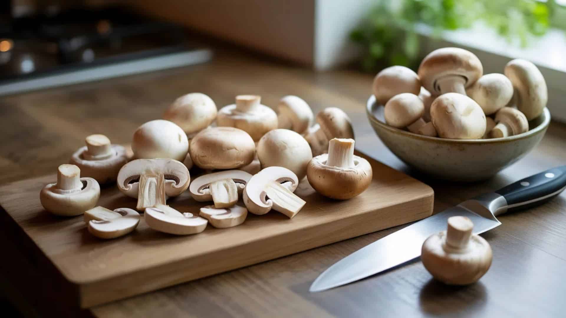 fresh white button mushrooms on a wooden cutting board with slices, a kitchen knife, and a bowl of whole mushrooms nearby