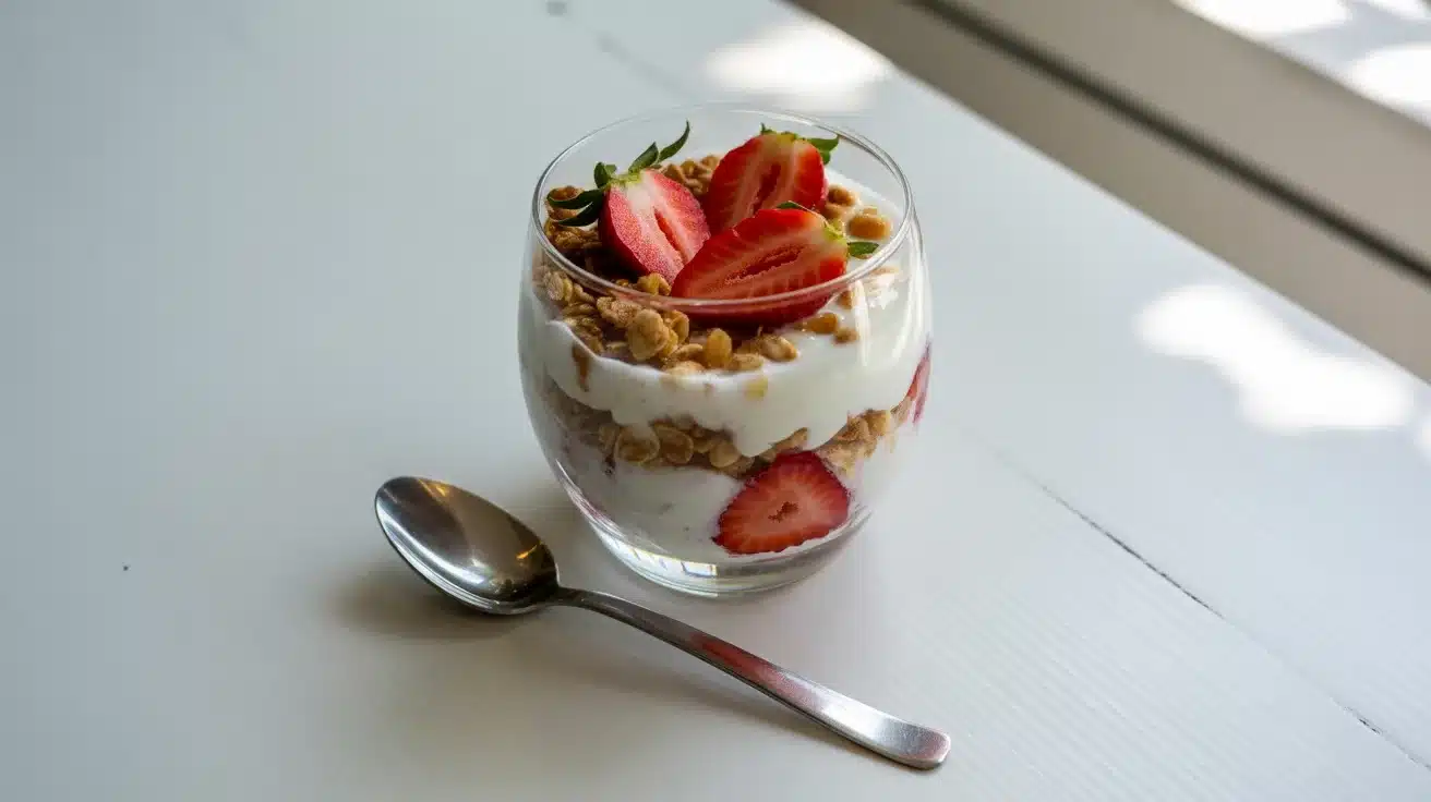 glass of yogurt parfait layered with granola and fresh strawberries, with spoon on white table in natural sunlight