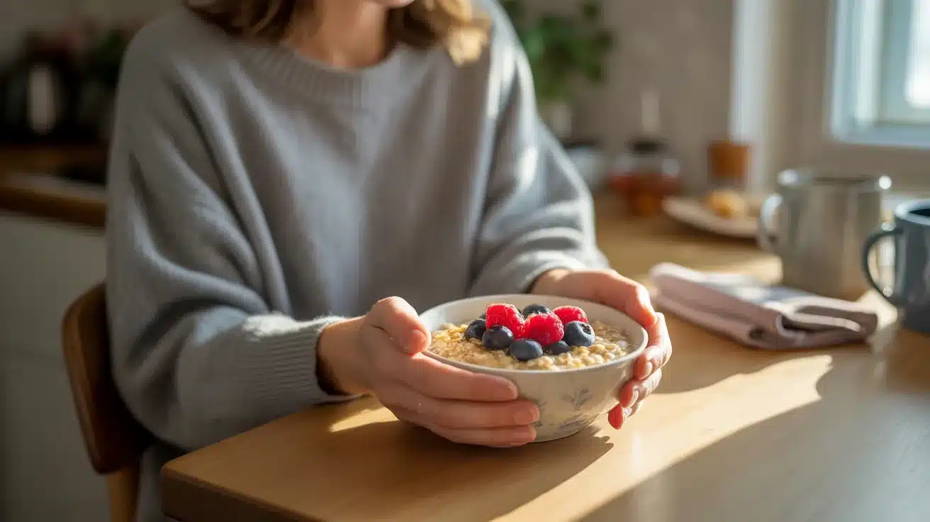 person holding bowl of oatmeal topped with raspberries and blueberries at wooden table in warm morning kitchen light