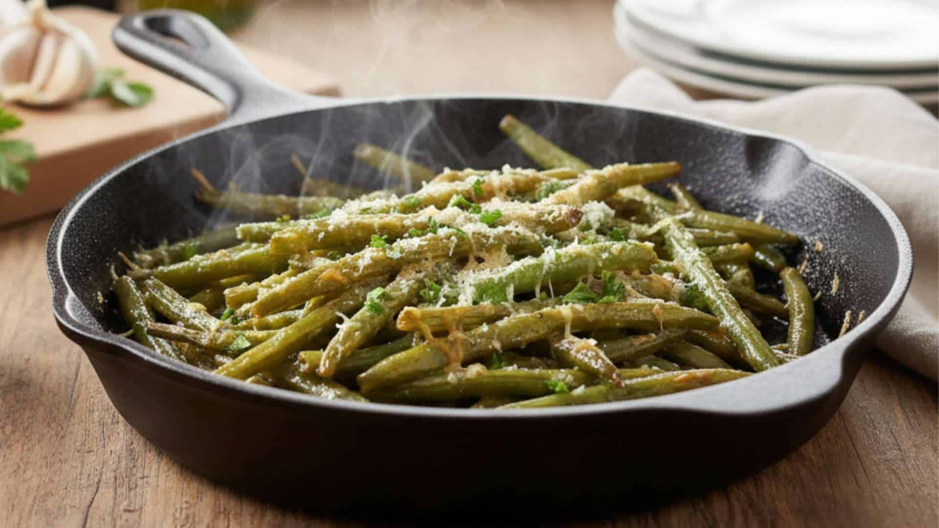 steaming green beans with garlic butter and parmesan in a skillet on a wooden kitchen table