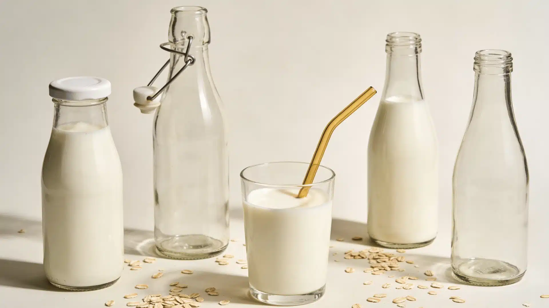 still life of four glass bottles and one glass of milk on light surface, varied shapes, white cap, swing-top, two narrow necks, golden straw, scattered rolled oats, soft diffused lighting