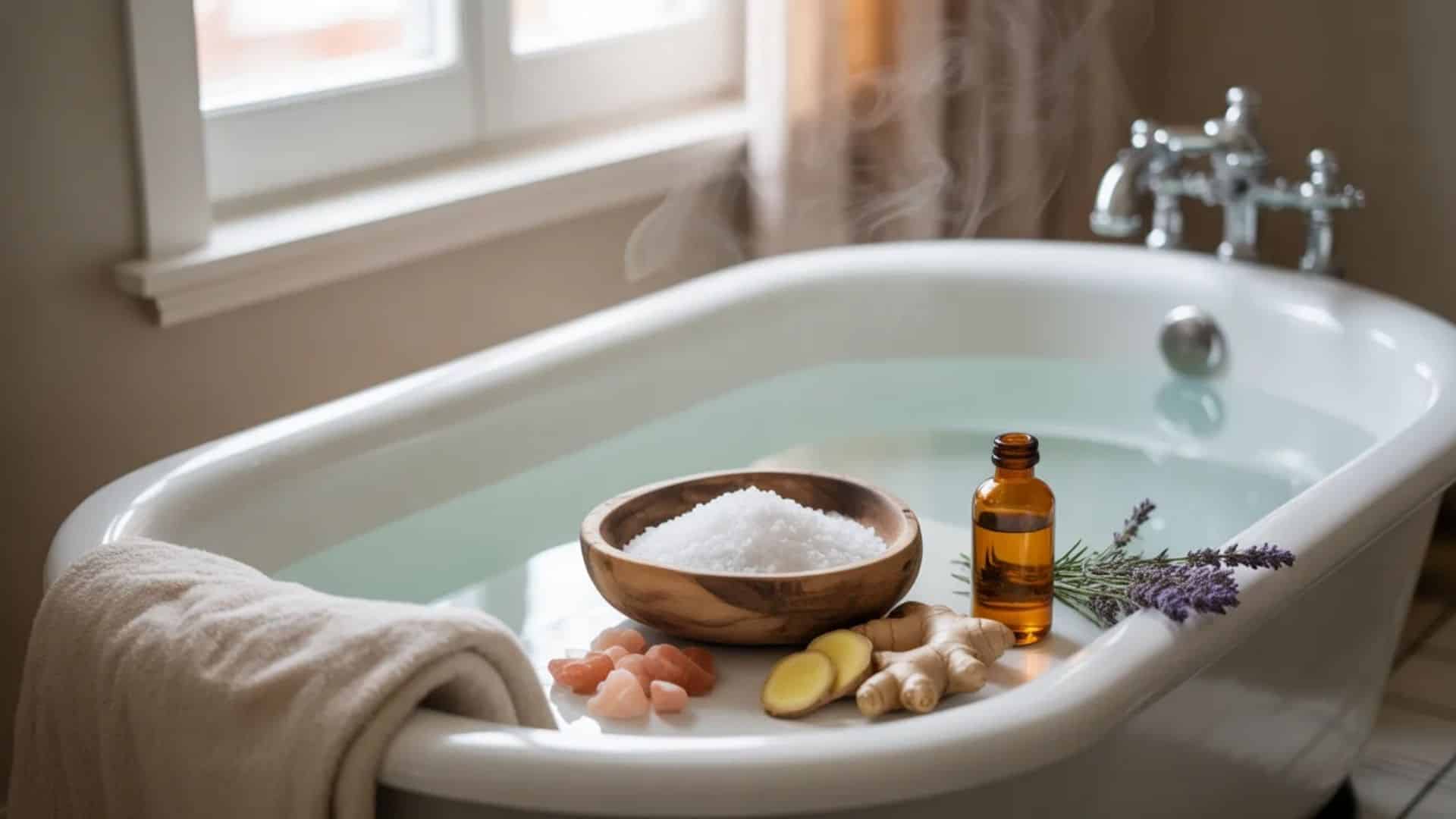warm detox bath setup with Epsom salt, ginger, lavender, and essential oil beside a steaming bathtub in soft light