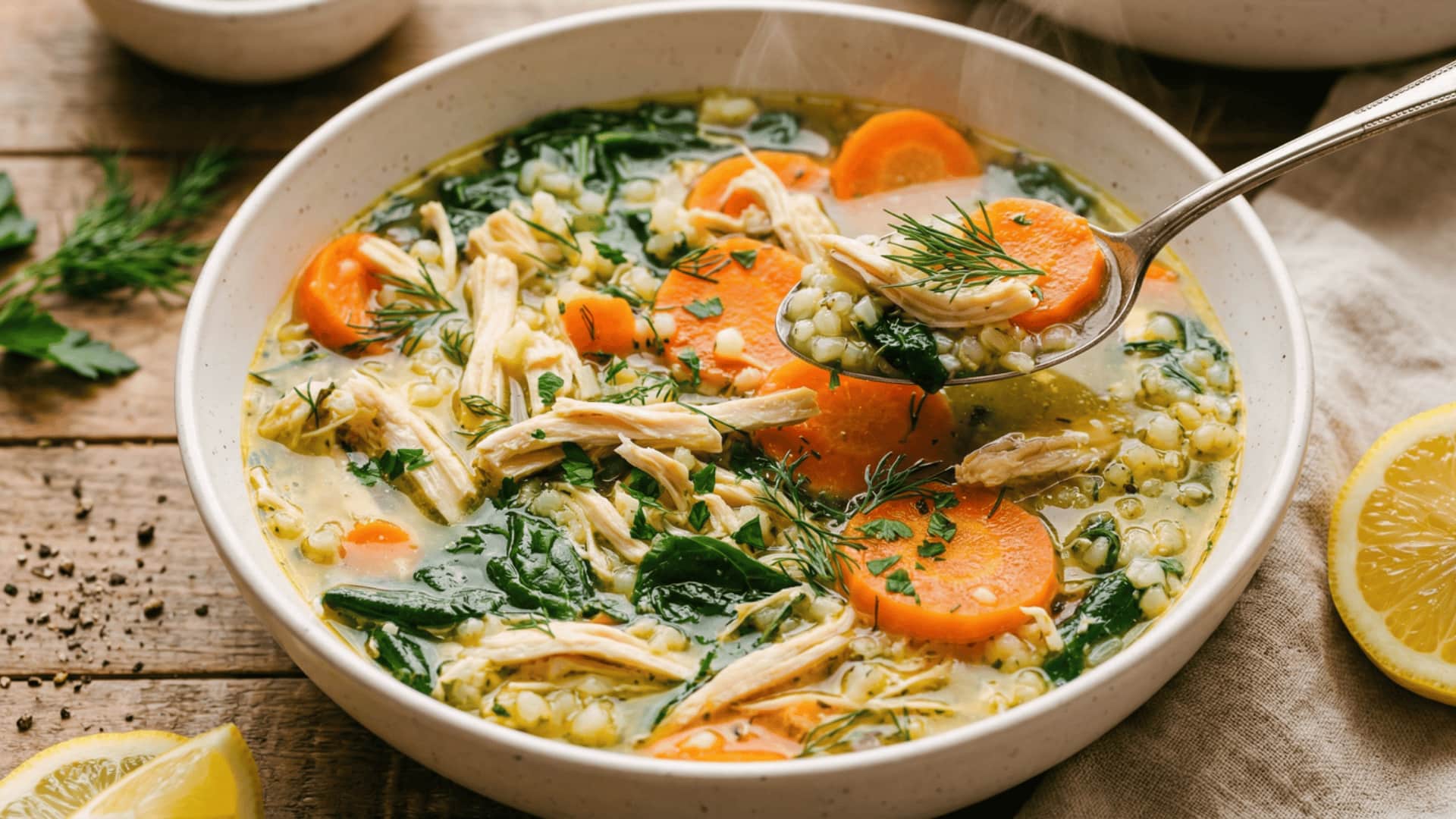 `a steaming bowl of chicken soup with shredded chicken, carrots, spinach, barley, and fresh herbs`