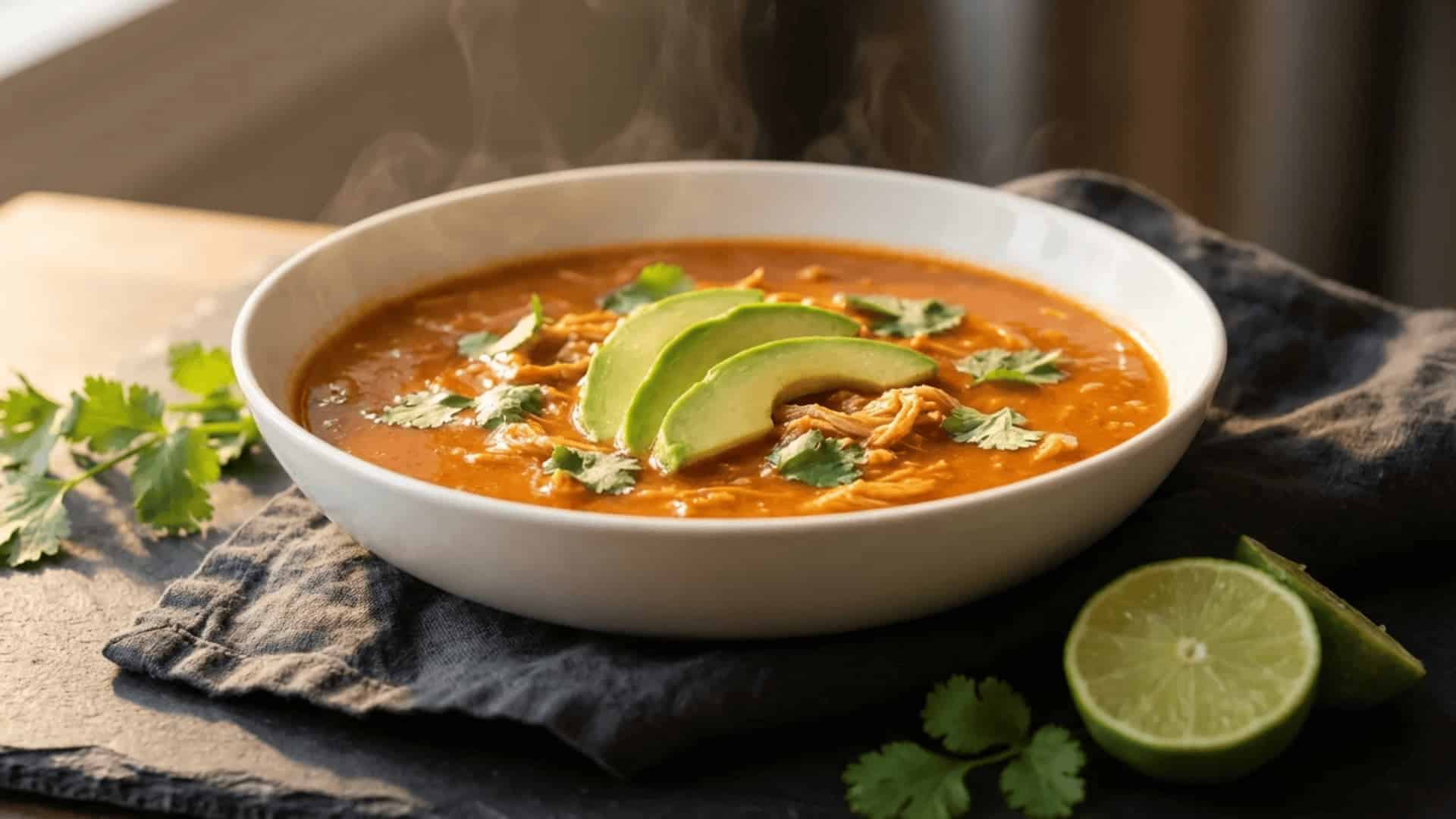bowl of smoky shredded chicken tomato soup topped with avocado slices, cilantro, and lime juice
