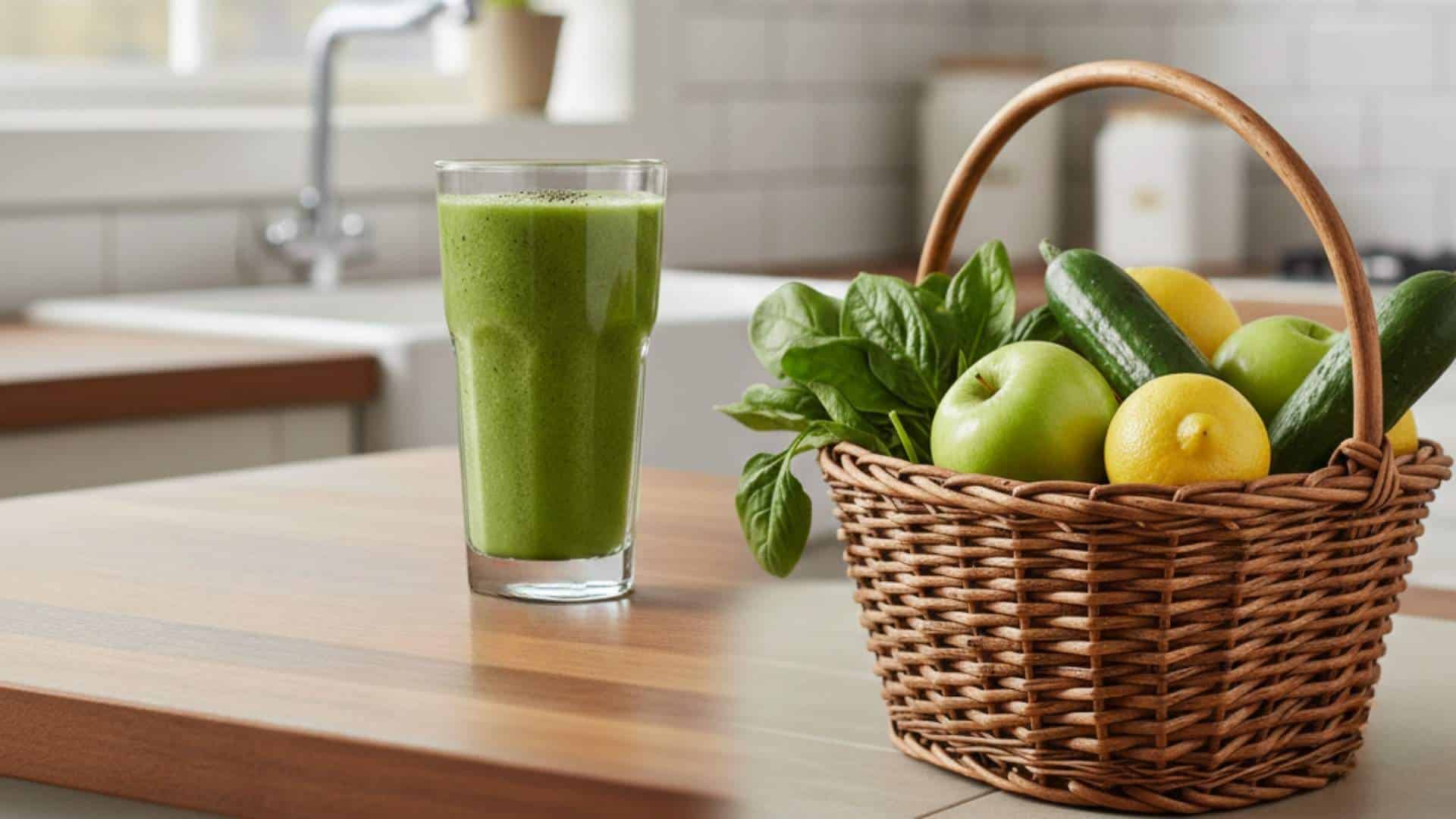 glass of green detox smoothie on kitchen counter with spinach, apples, lemons, and cucumbers in basket