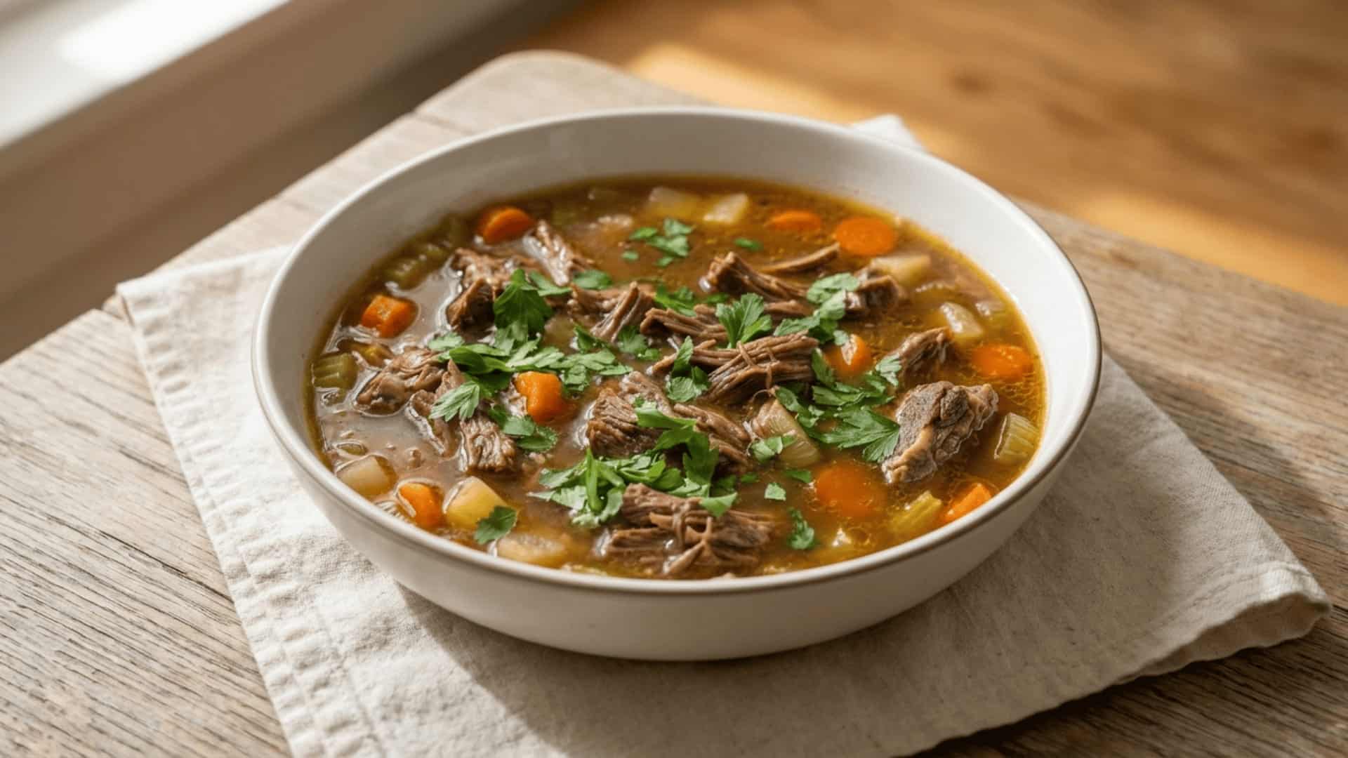 paleo bone broth beef soup served in a white ceramic bowl with shredded beef, carrots, turnips, and fresh parsley