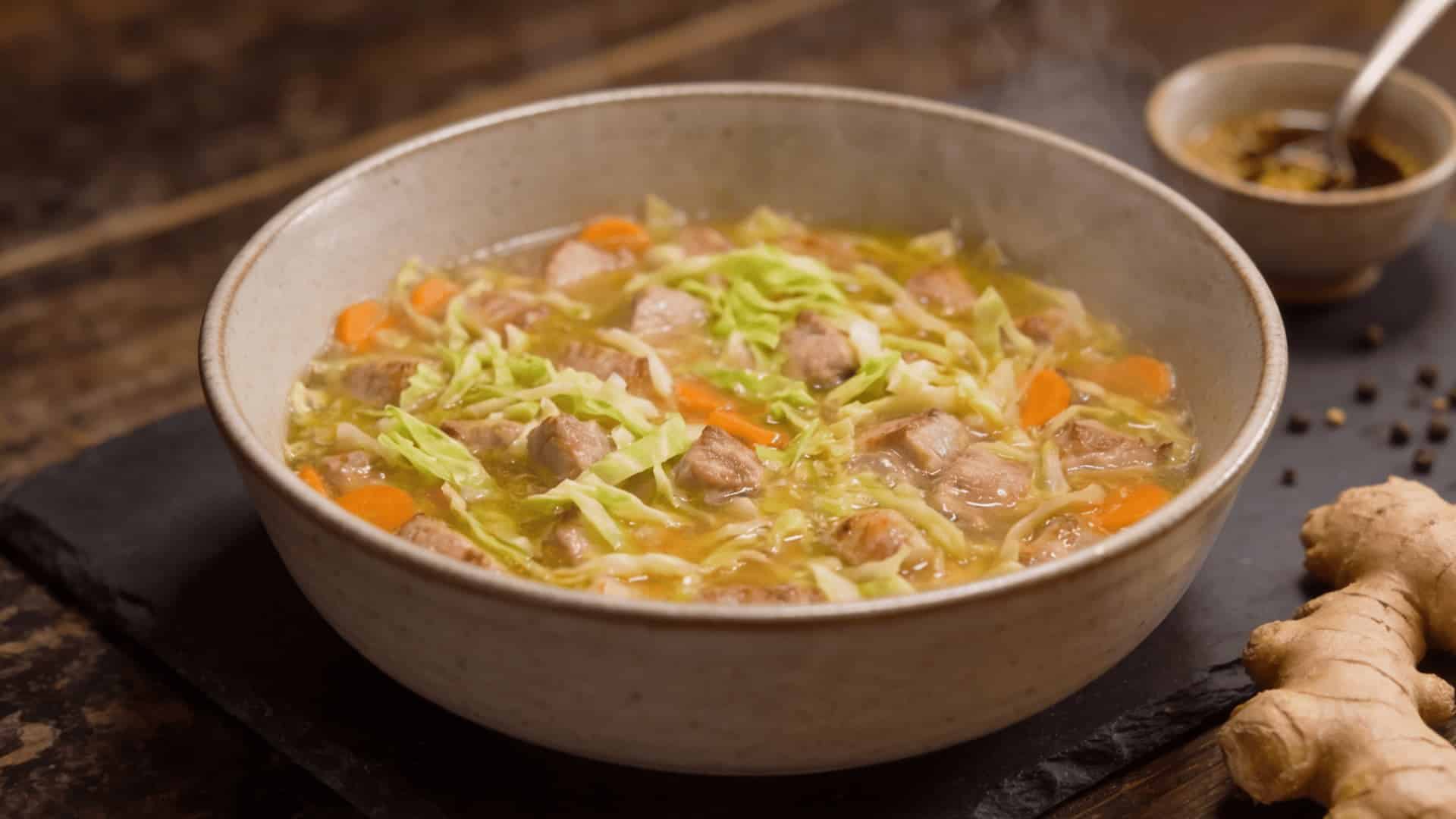 paleo pork and cabbage soup in a speckled ceramic bowl with tender pork, carrots, and cabbage in golden ginger broth