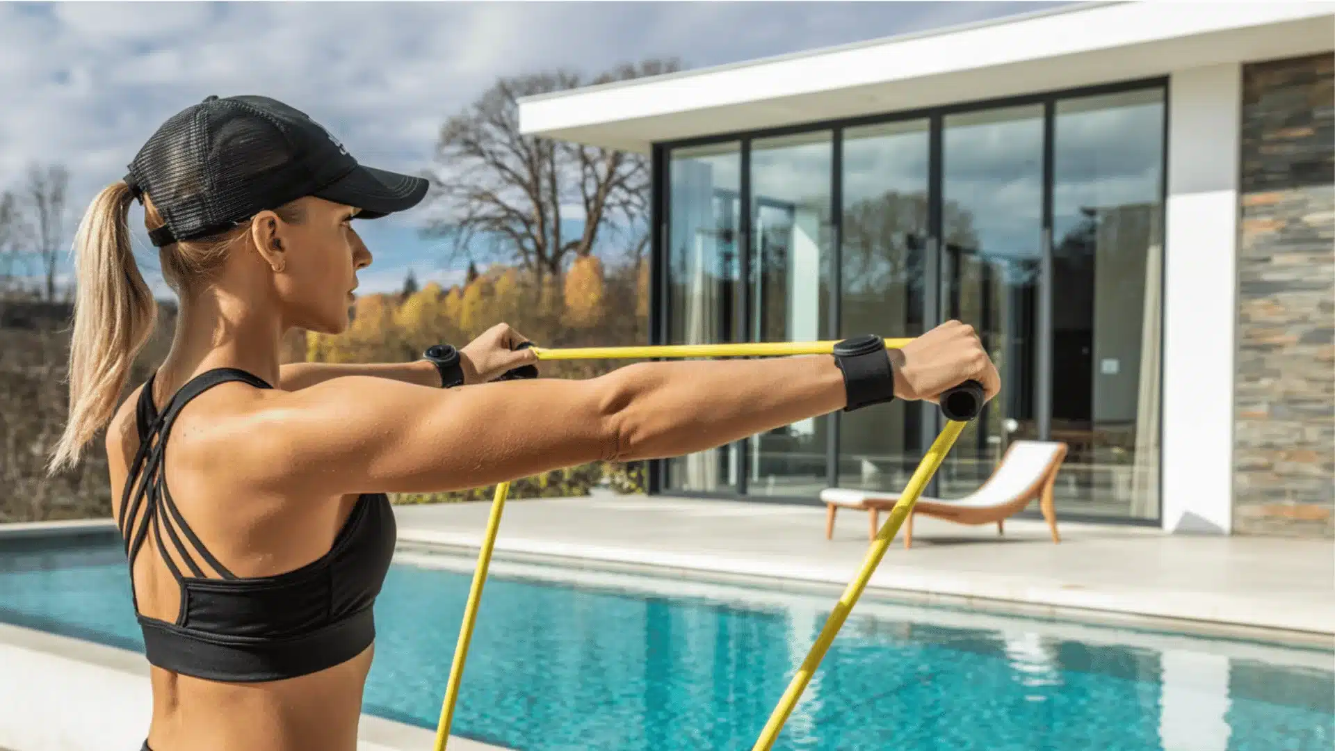 person wearing a black mesh baseball cap backwards and a black strappy sports bra is performing a resistance band exercise