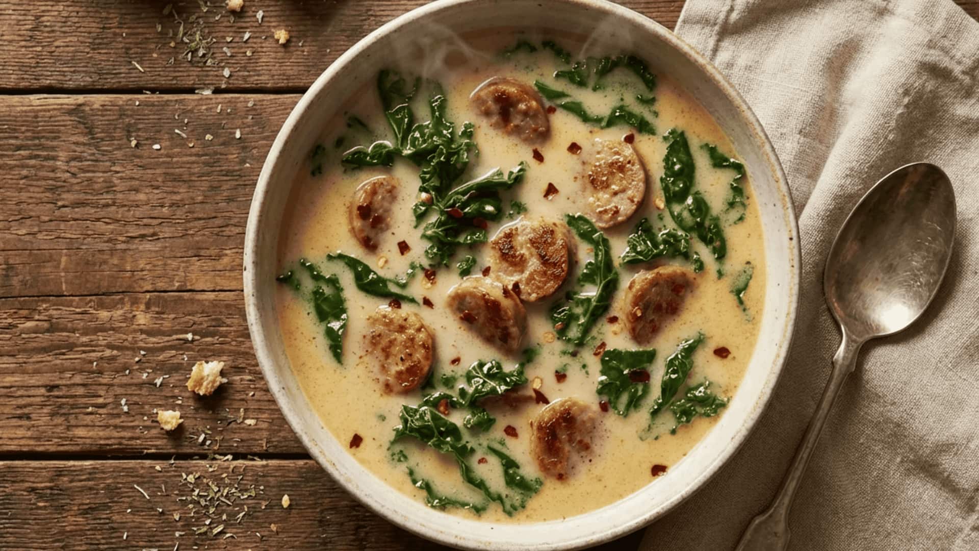 sausage rounds and wilted kale simmering in creamy coconut milk broth in a cast iron skillet on stovetop