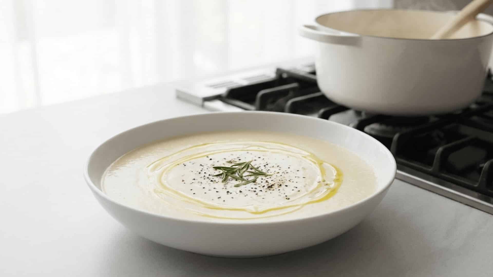 white bowl of creamy cauliflower soup with olive oil drizzle, rosemary sprig, and black pepper on a counter