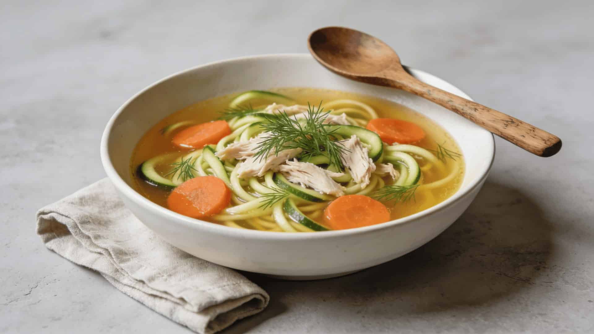 white bowl of paleo chicken zucchini noodle soup with carrot rounds and fresh dill on a gray surface