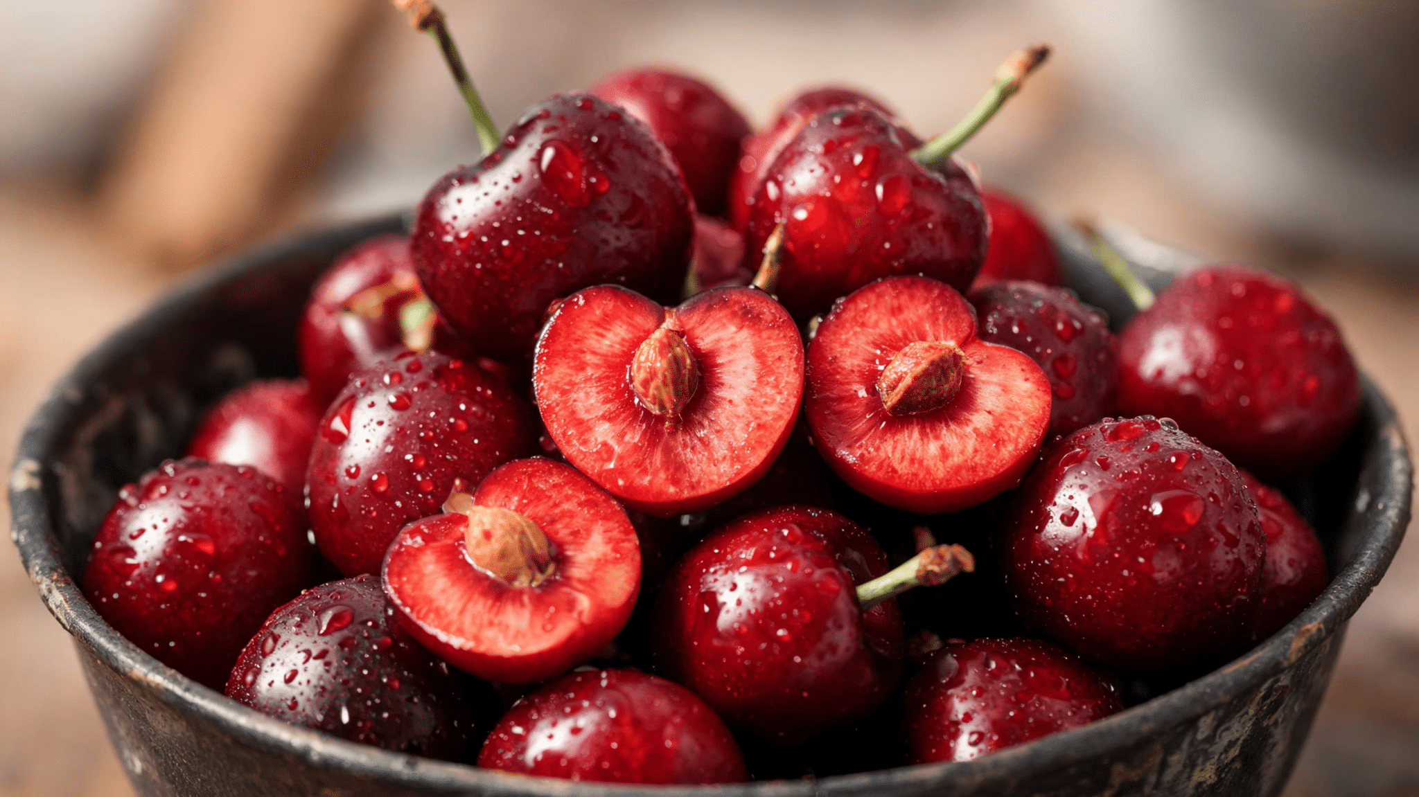 A bowl with red cherries