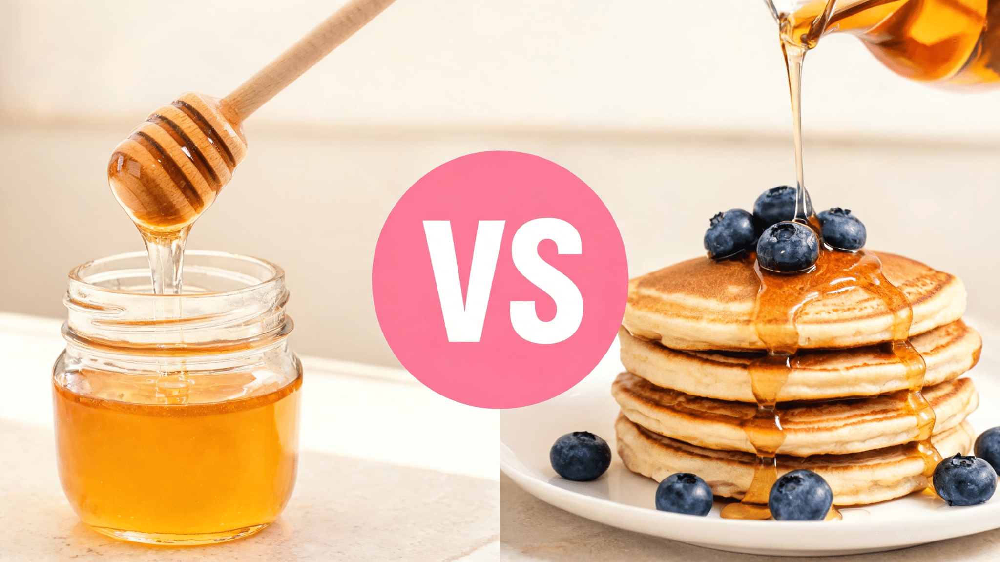 Comparison of honey and syrup on pancakes. Left- honey jar with dipper. Right- syrup poured over stacked pancakes with blueberries