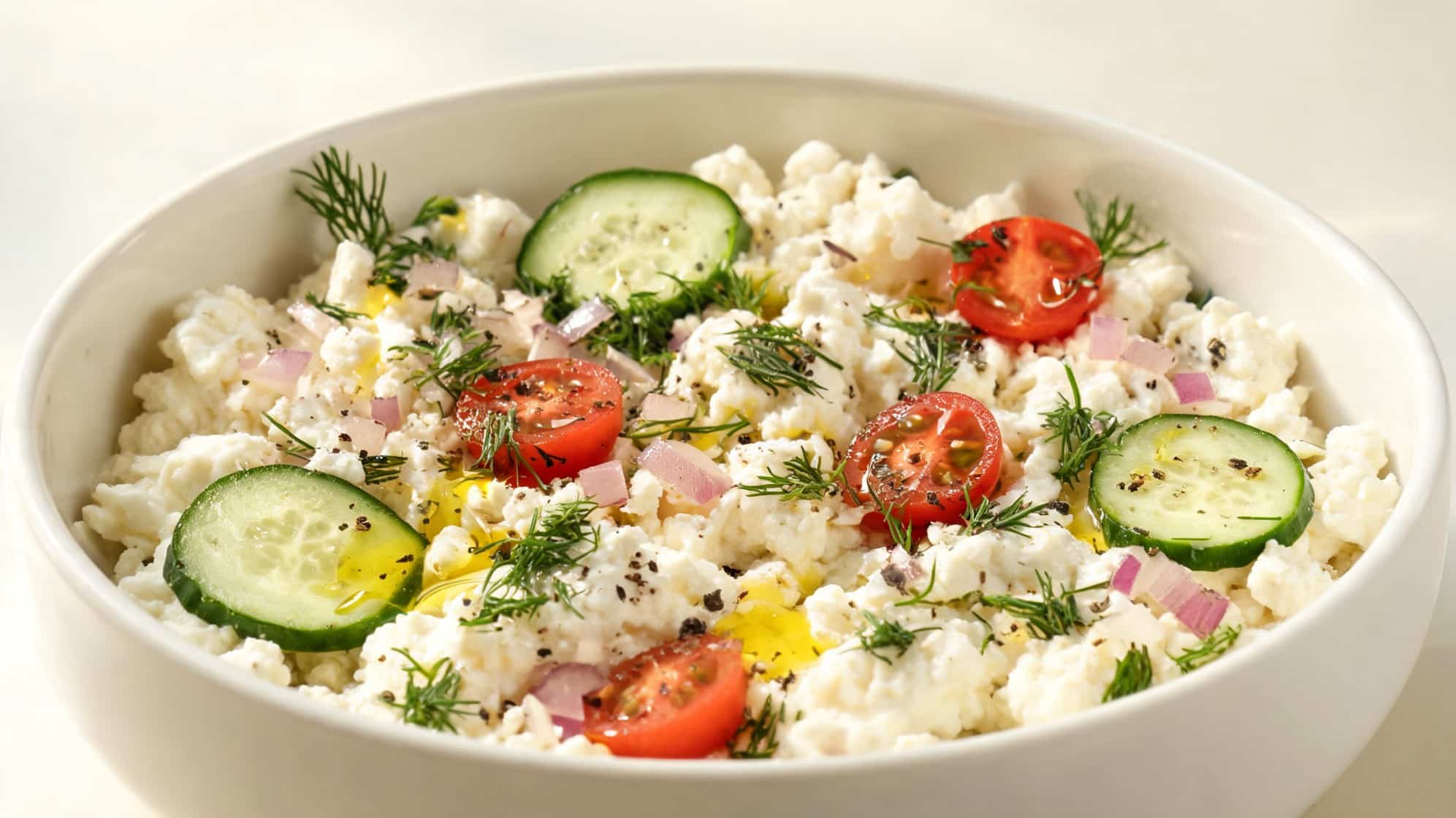A cottage cheese salad in a bowl, garnished with cucumber slices, cherry tomatoes, dill, and red onion, sprinkled with black pepper.