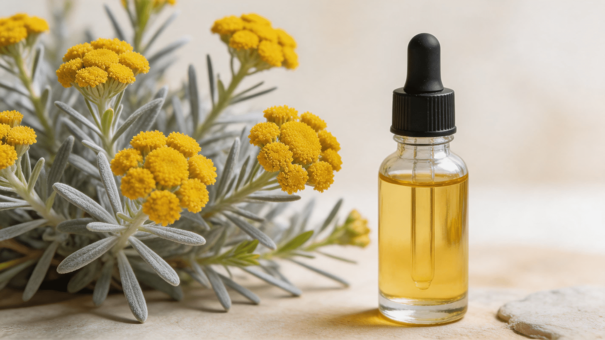 A dropper bottle of Helichrysum Essential Oil sits next to a Helichrysum italicum plant