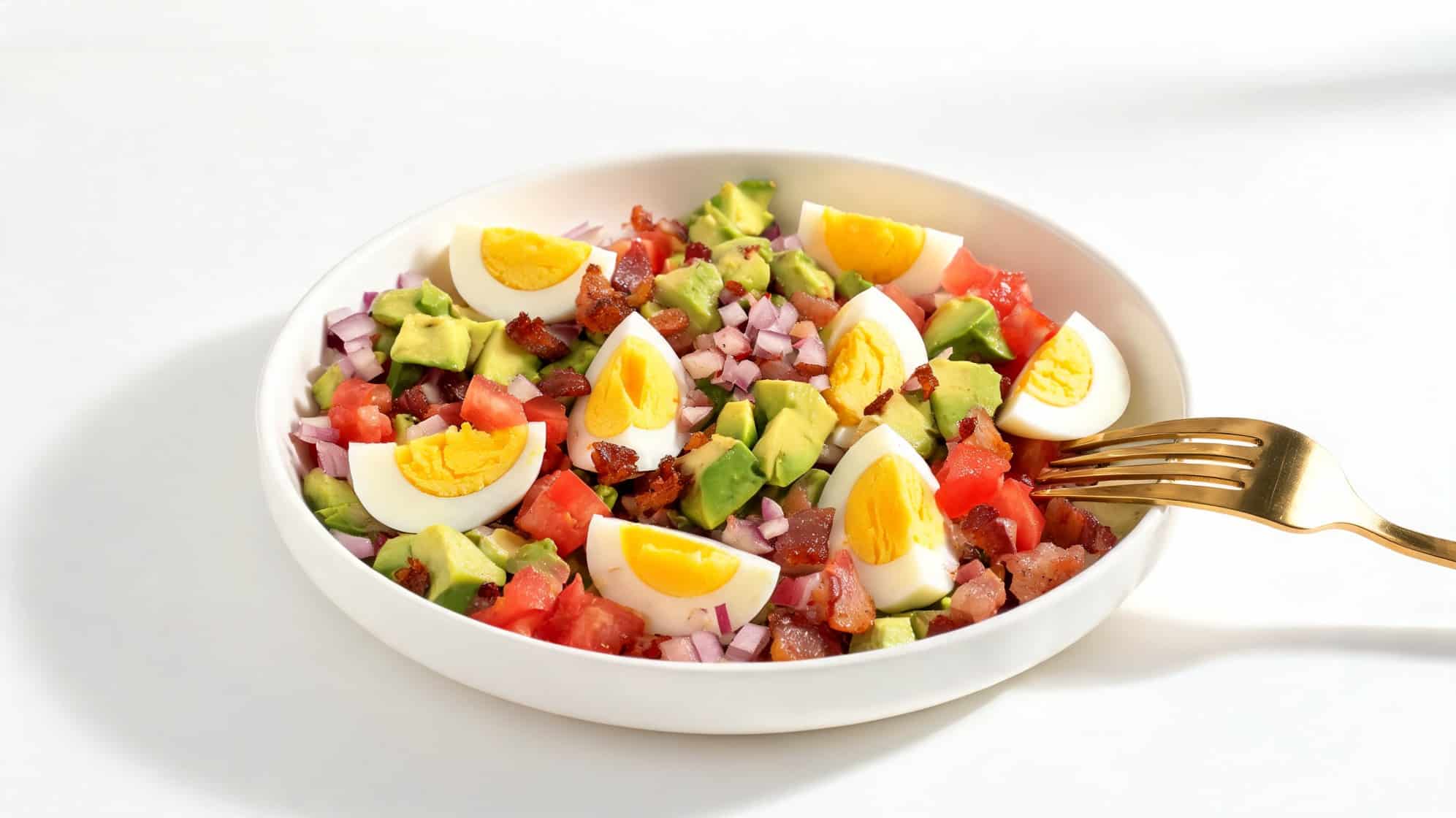 A fresh salad with sliced boiled eggs, diced avocado, tomato, bacon, and red onion on a white plate.