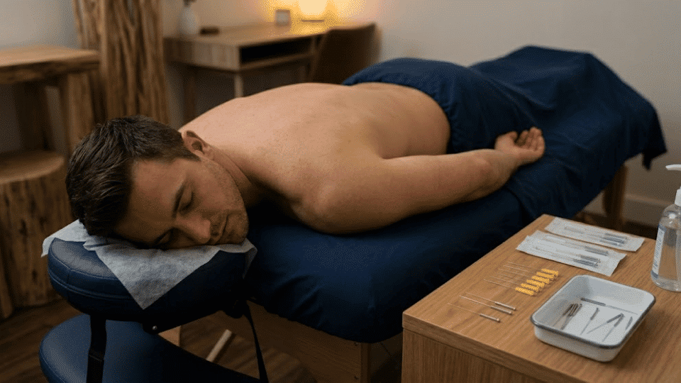 a man laying and relaxing on a bed on his stomach getting ready for acupuncture with tools needles and sanitizer on the side
