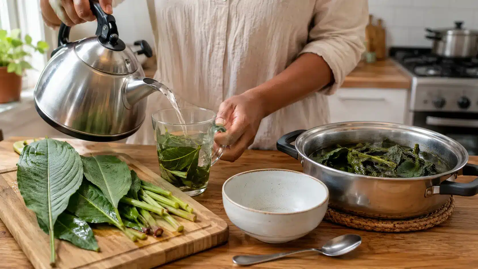 a man preparing plantain leaf tea by pouring hot water from a kettle into a mug with fresh leaves, while nearby a pot holds boiled plantain leaves