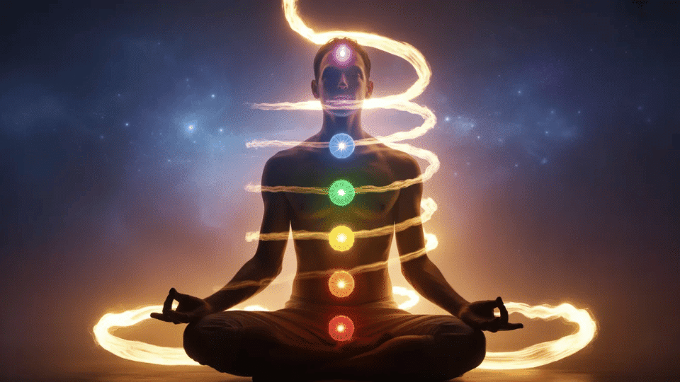 a person performing kundalini yoga activating their chakras and entering the cosmic peace