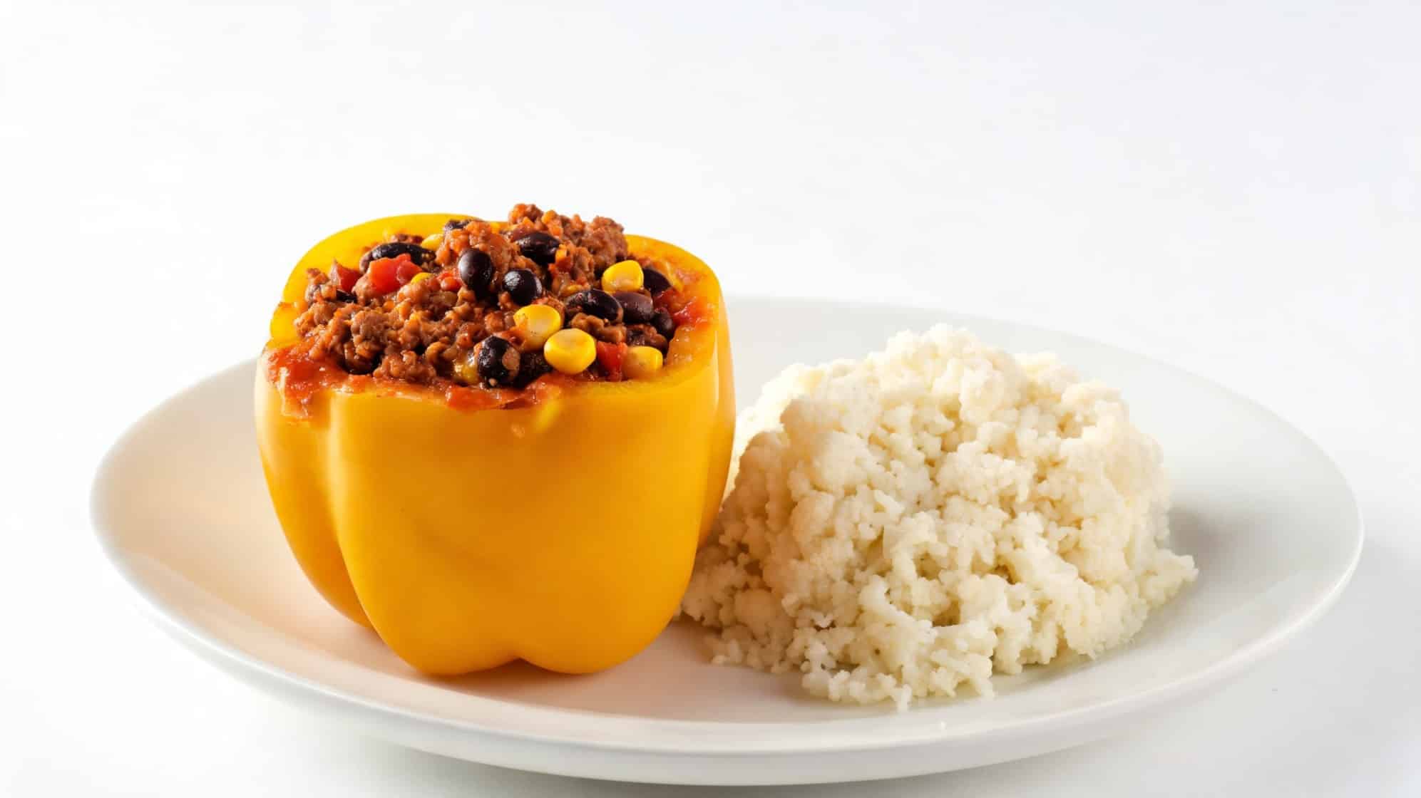 A vibrant yellow bell pepper stuffed with ground beef, black beans, and corn, alongside a mound of fluffy white rice.
