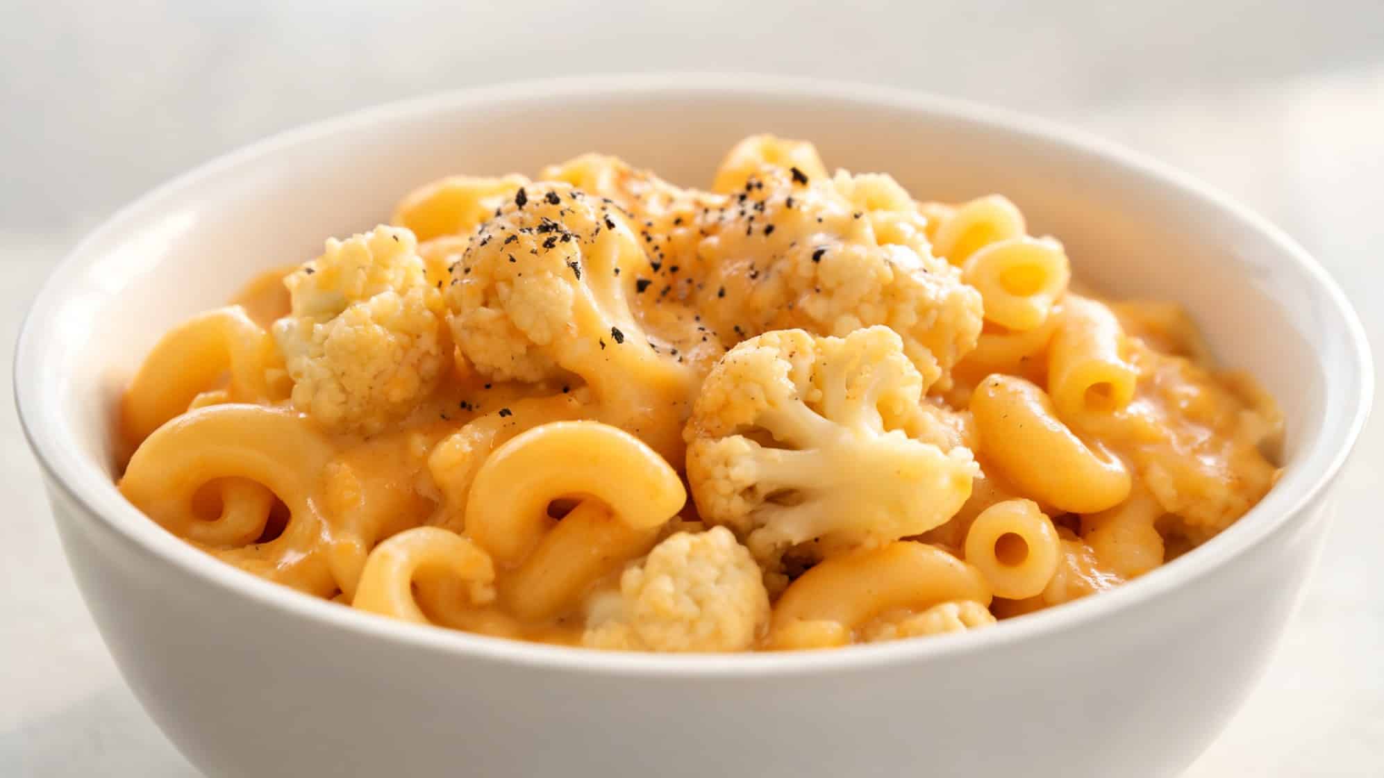 A white bowl filled with creamy macaroni and cheese mixed with cauliflower florets, topped with black pepper.