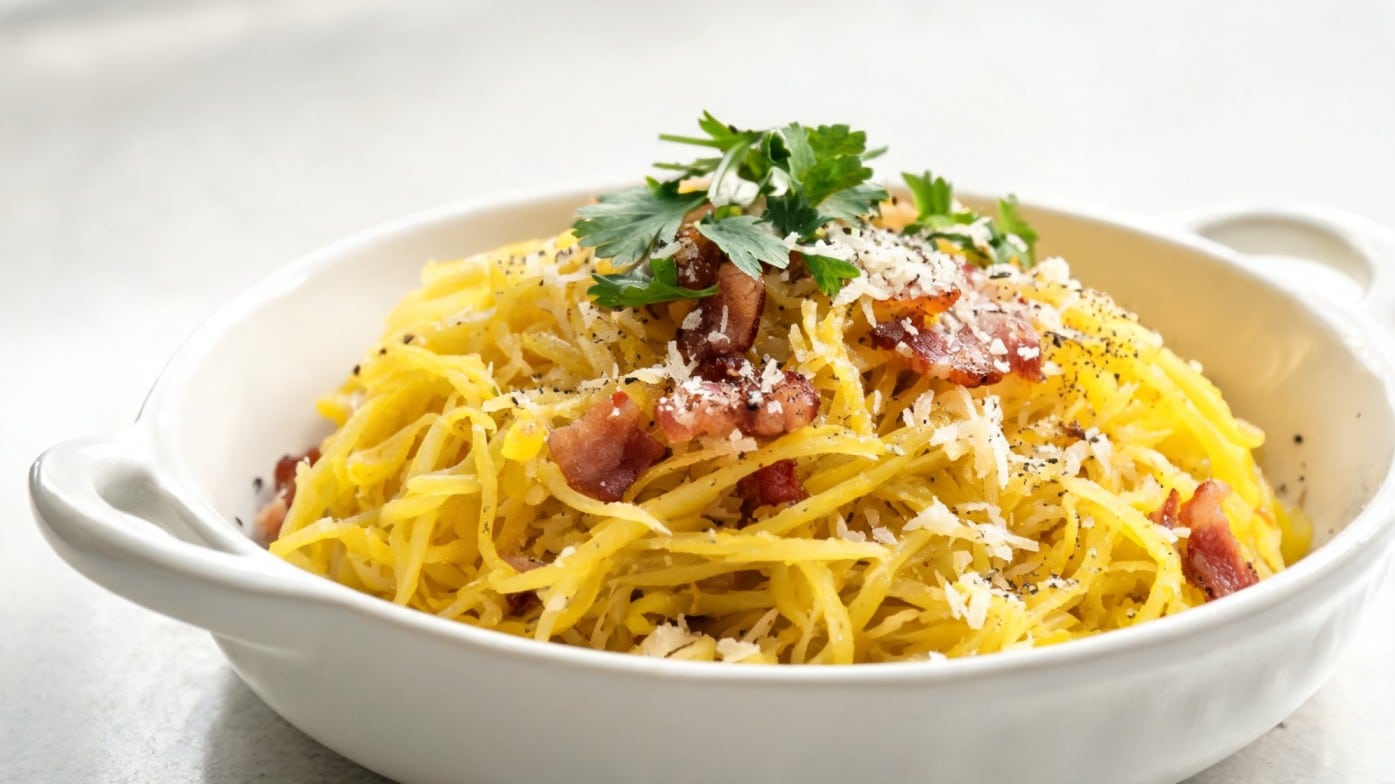 A white dish filled with spaghetti squash topped with crispy bacon, grated Parmesan, and fresh parsley (1)