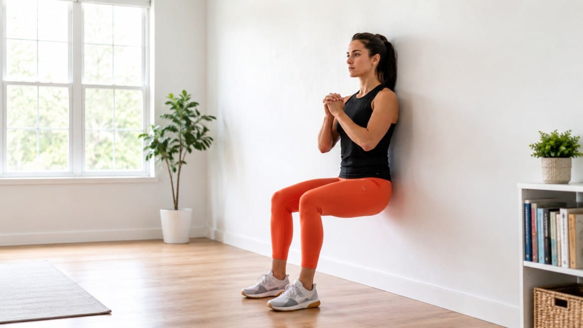 A woman in a black top and orange leggings performs a wall sit exercise in a bright room