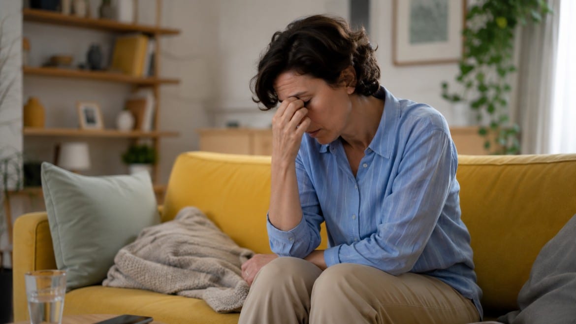 a woman in a blue shirt sits on a yellow couch, holding her forehead with tiredness indicating high cholesterol