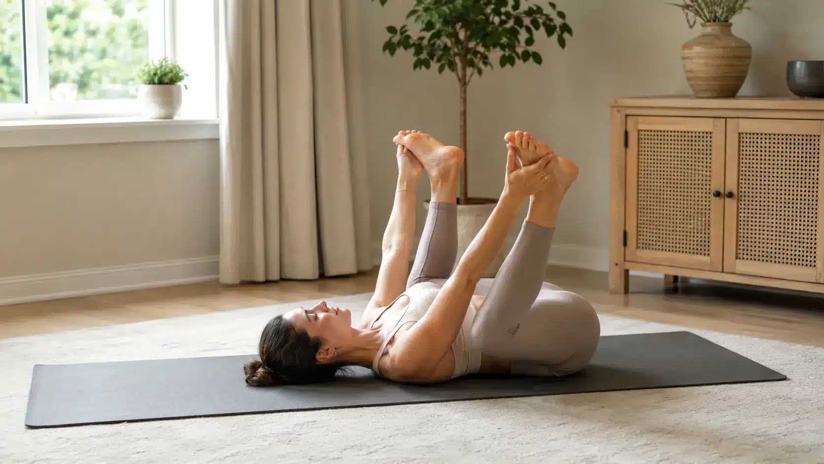 an adult woman doing Happy Baby Pose on a yoga mat in a home yoga space, lying on her back